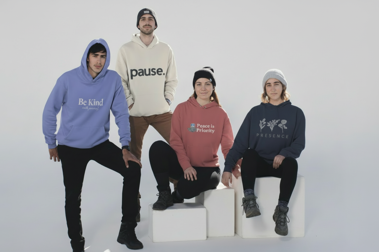Four people wearing branded hoodies on a white background